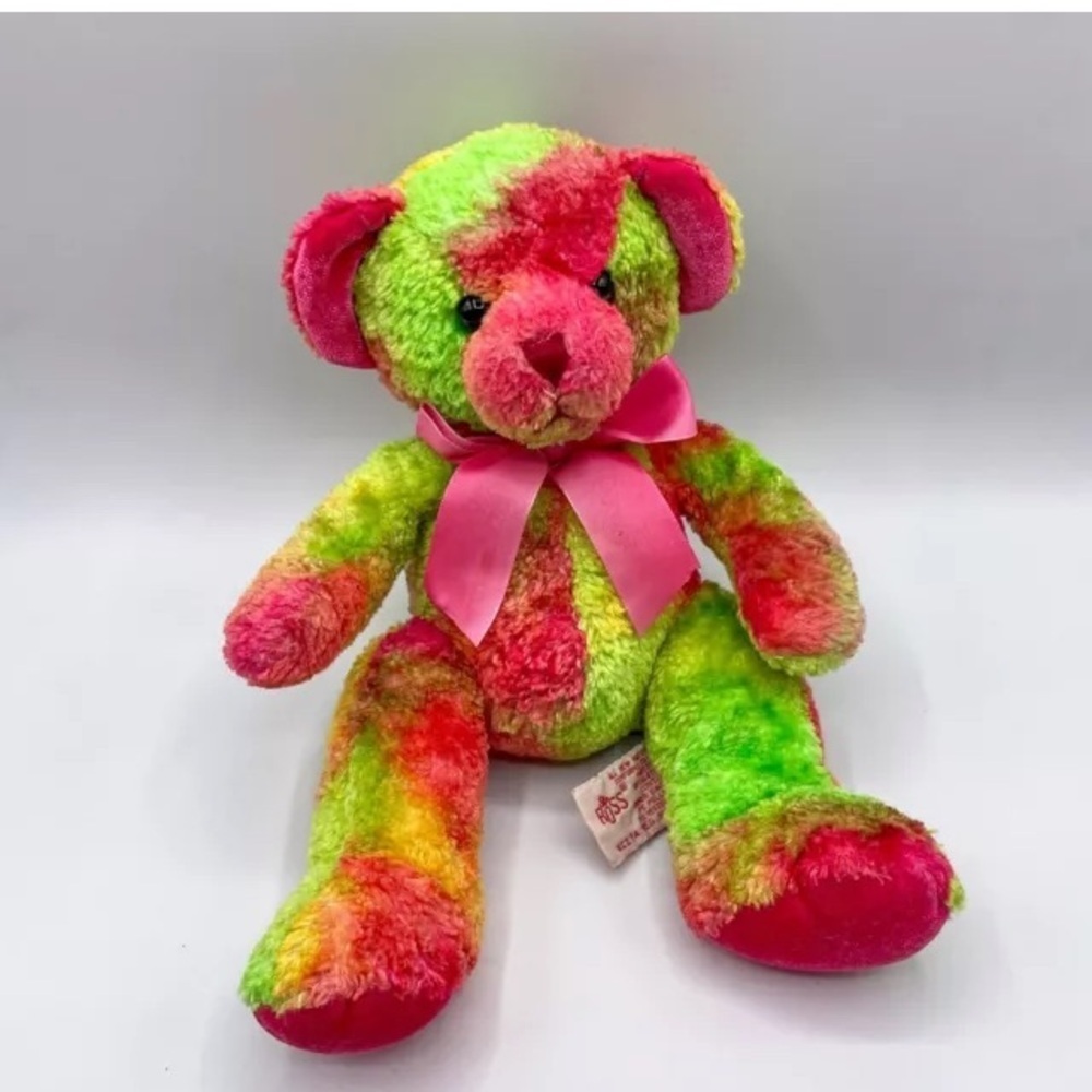 Russ Tie Dye Bear Plush Confetti Pink Green Yellow Stuffed Animal Beanie